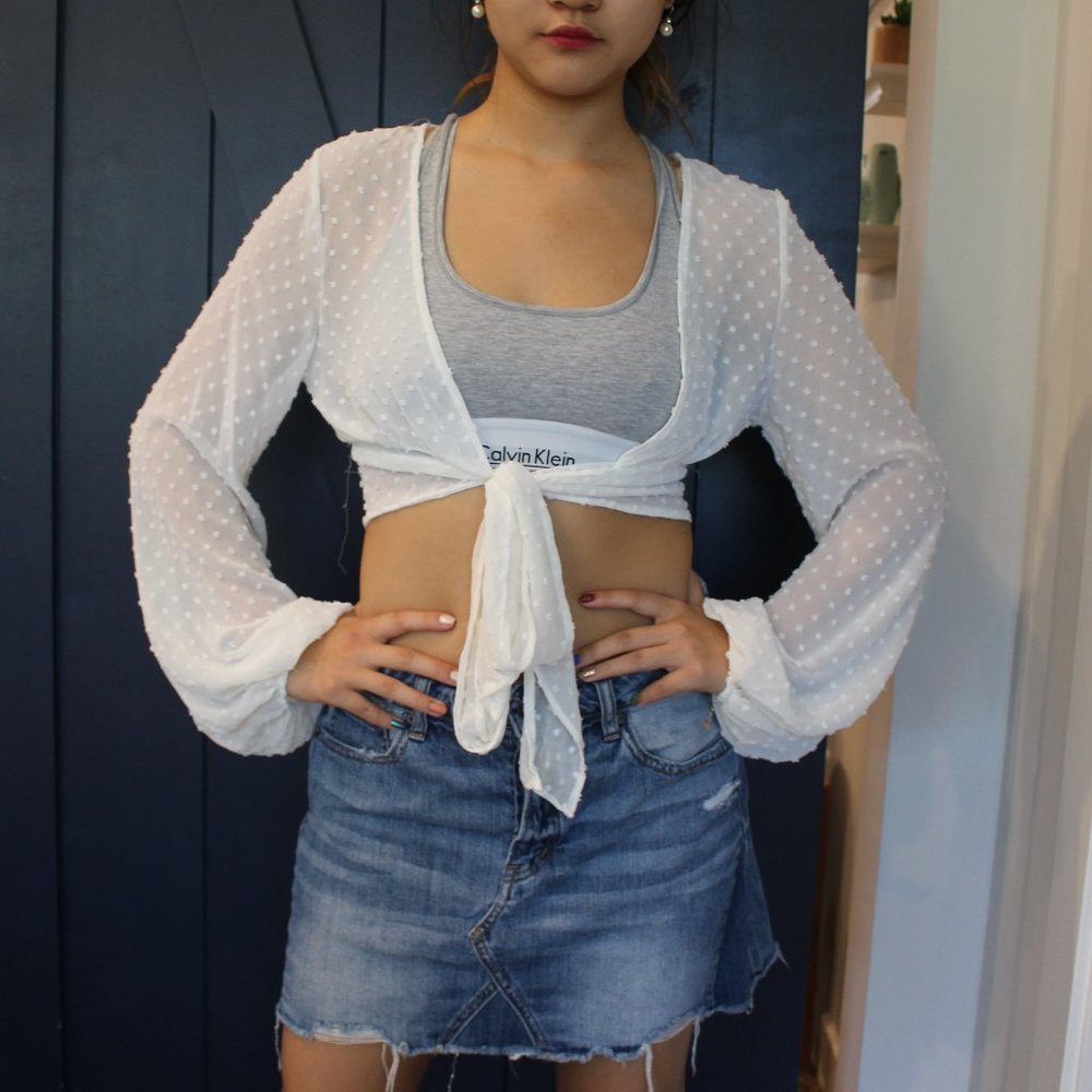 Windsor Cropped Sheer Front-Tie Cropped Top with Bell Sleeves